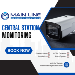 Main Line Security Solutions central station monitoring illustration.